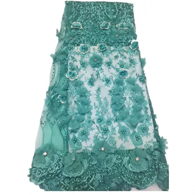 
2019 Teal 3d french lace fabric with pearls bridal lace fabric lace 3d flower clothes fabric 