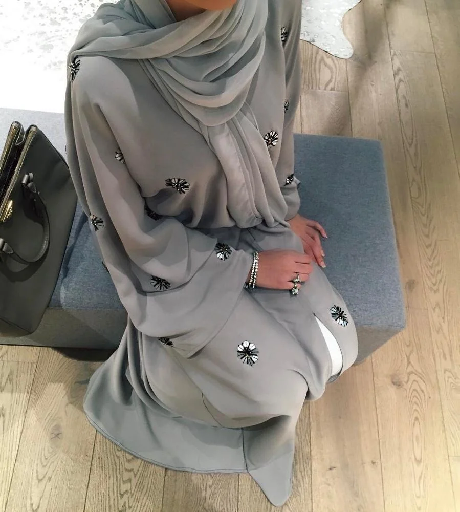 Loriya Hot Selling Customized Dubai Turkey Rhimstone Abaya Crepe Kimono Cardigan islamic Clothing Gray Abaya