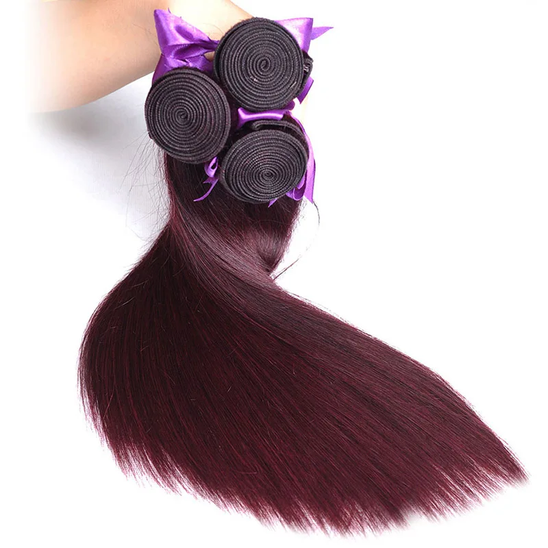 
100% Remy Human Hair Bundles With Closure Straight , #99J Dark Wine Red Brazilian Colored Hair Extension 