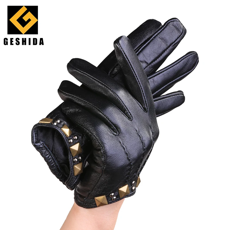 Comfortable lady full finger touch screen leather elegant rivet gloves