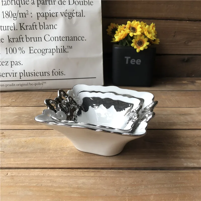hight quality square shape electroplate silver ceramic fruit bowl from chaozhou
