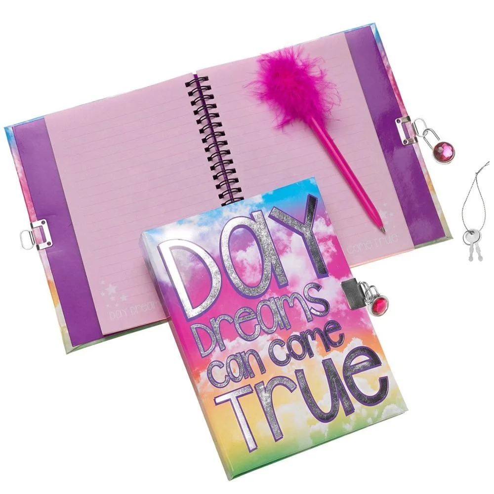 Gem Decoration Feather Children Printed School Diary Spiral Hardcover Notebook With Lock