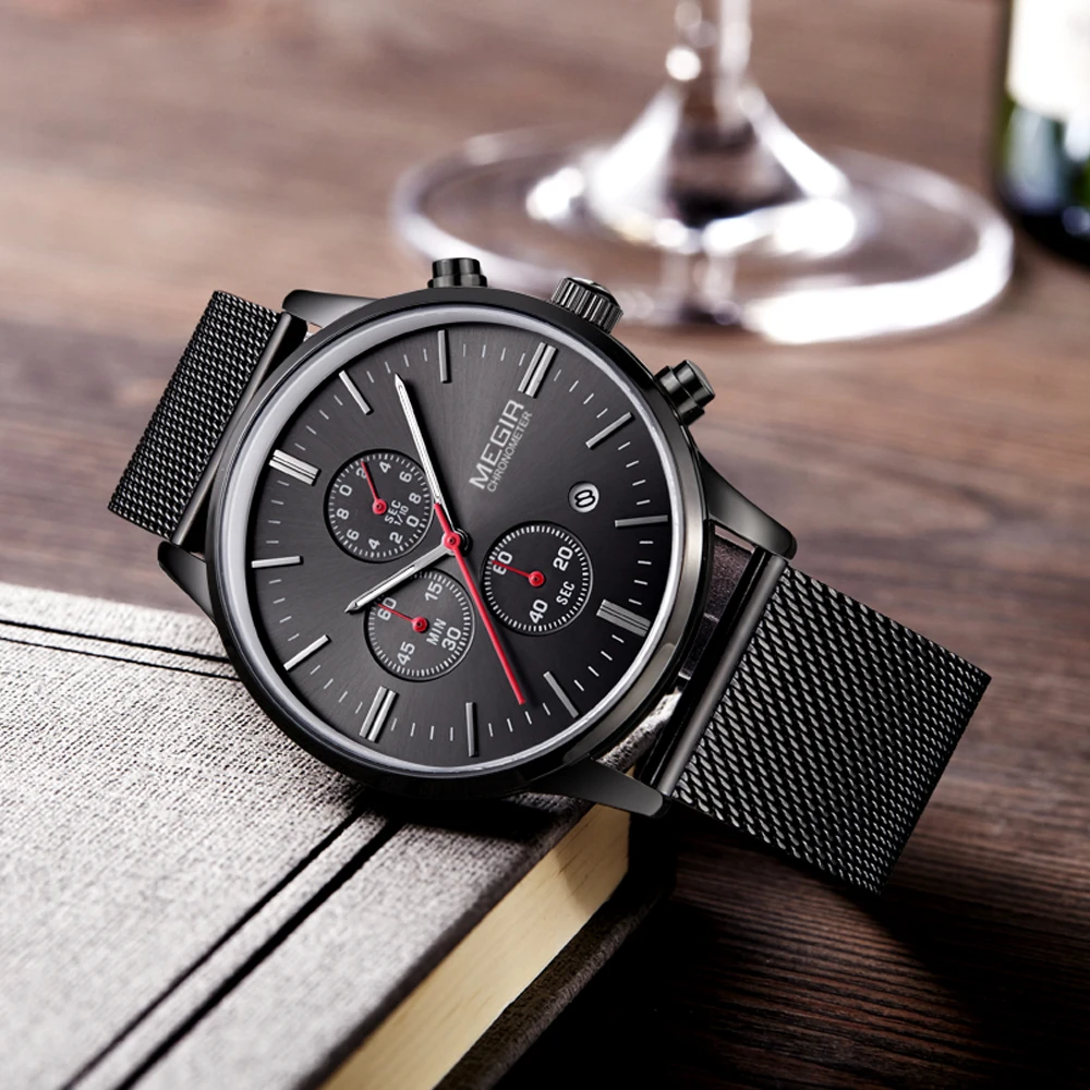 Megir 2011 Couple Watch Stainless Steel Band Water Resistant Quartz Chronograph watch for watches