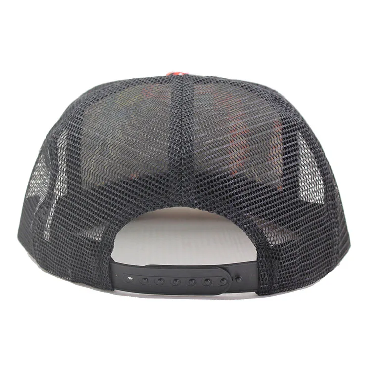 Custom floral fabric flat brim trucker cap hat with embroidery patch