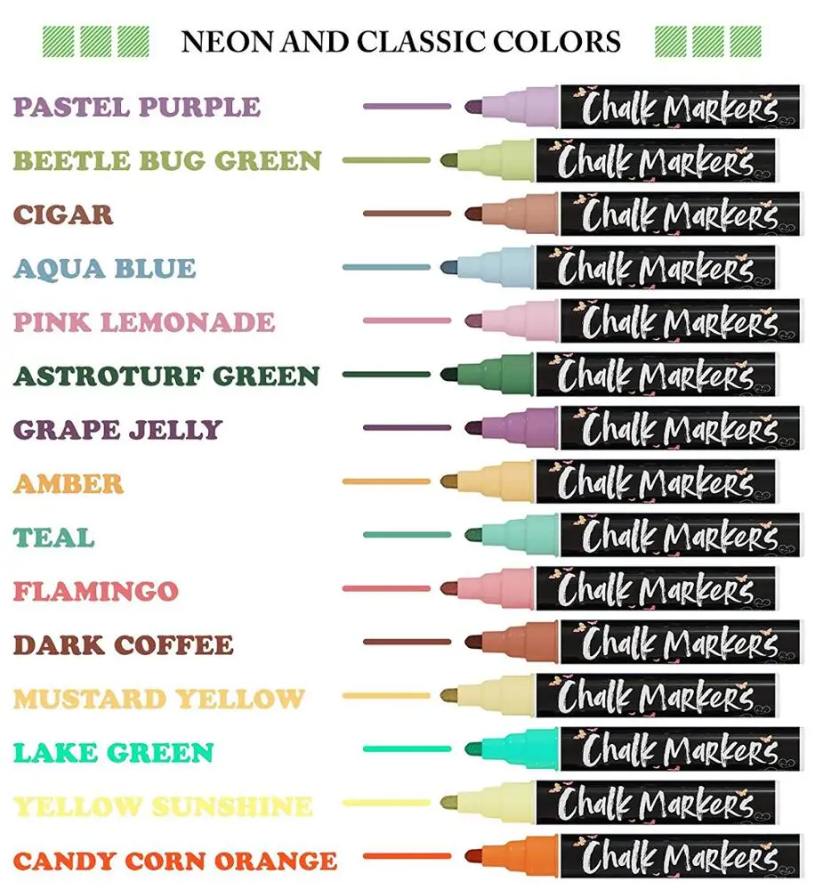 32 colors Fine reversible tip 3mm white chalk markers for blackboard