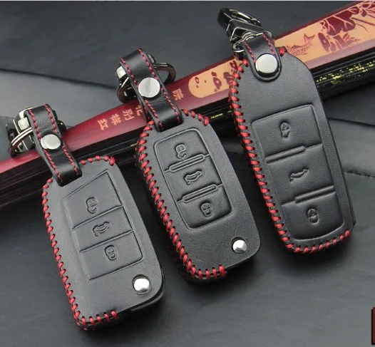 3D Black Car Remote Aritical Threading Leather Car Key Case Cover For VW Polo Golf6 CC Golf7 3 foldable buttons