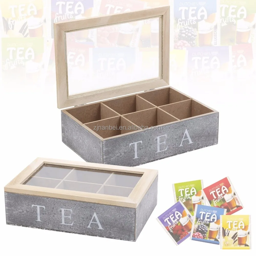 Custom logo grey finished 6 compartment wooden tea bag box with glass lid
