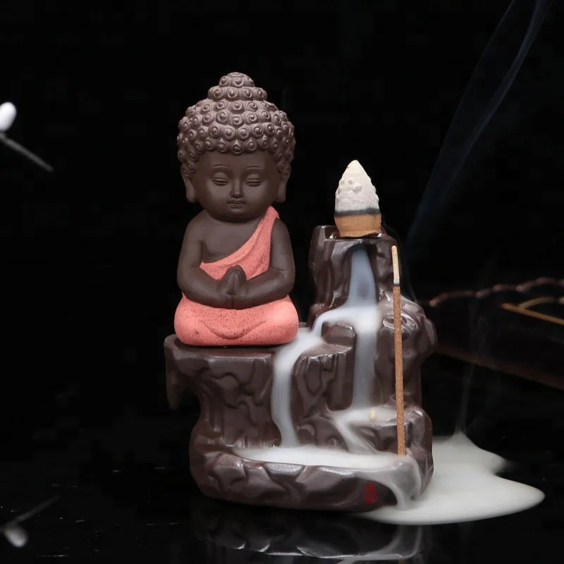 Ceramic Buddha statue Ceramic Incense Burner Backflow Tower Cones Sticks Holder Ceramic Porcelain Buddha Monk Ash Catcher- Red