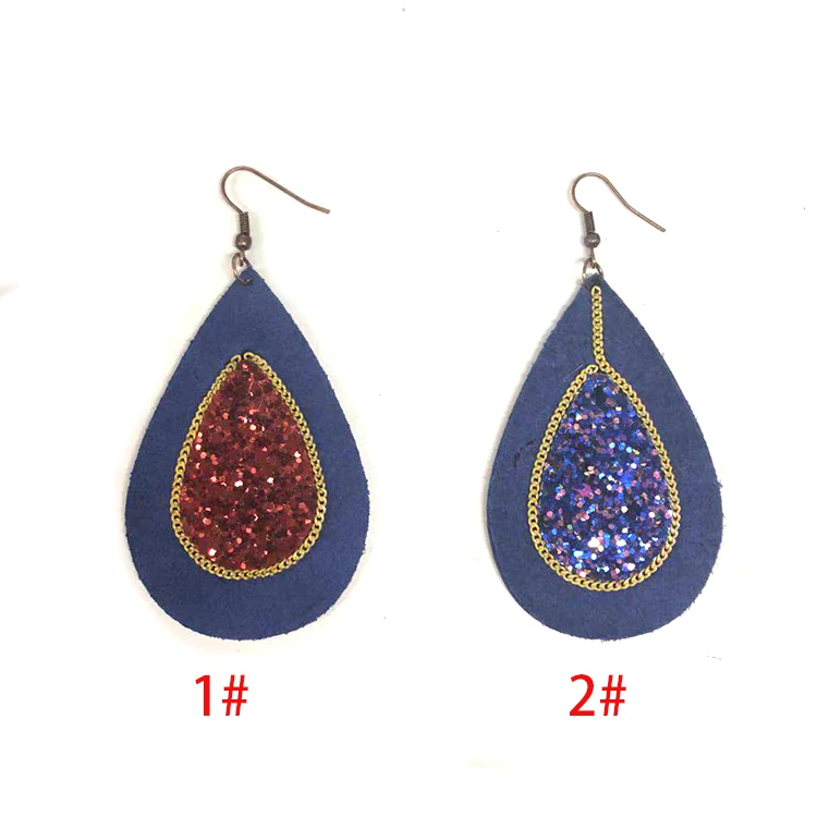 Colorful Long Fashion Cork Dangle Leather Glitter Chain Teardrop Leather Earrings