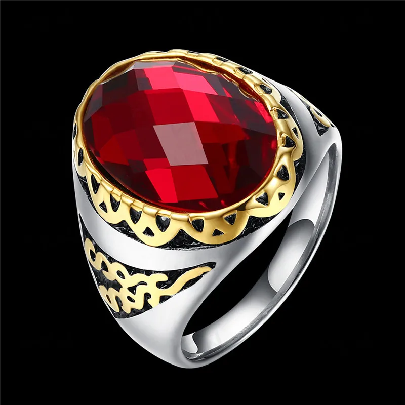 
2019 Latest Gold Plated Men Ring Red Glass Stone Ruby Stainless Steel Rings Gifts 