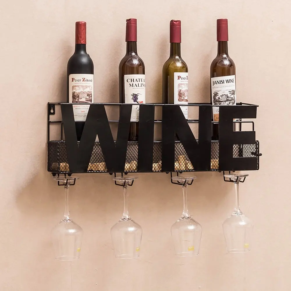 
Home Wine Rack Wall Mounted Hanging or Counter Table Top with Wine Cork Holder Holds 4 Bottles and 4 Wine Glasses 
