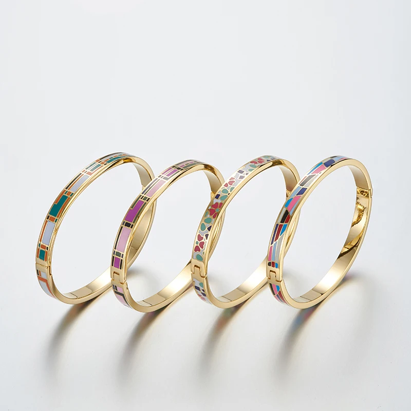 Ladies Floral Enamel Jewelry 18K Gold Plated High Quality Stainless Steel Enamel Bracelet