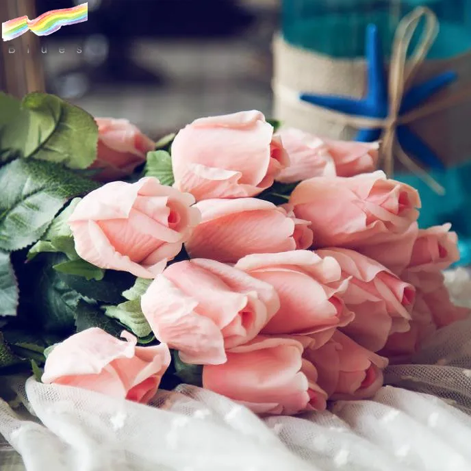 Silk fabric real touch single stem artificial rose flowers in bud for wedding event