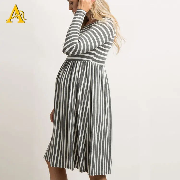 Черная полосатая одежда для беременных с длинными рукавами плиссированное платье для беременных
