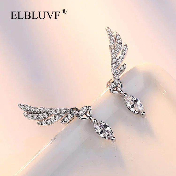 
ELBLUVF Free Shipping Copper Alloy 925 Silver Plated Eye Shape Zircon Feather Angel decorations Dangle Earrings Jewelry 