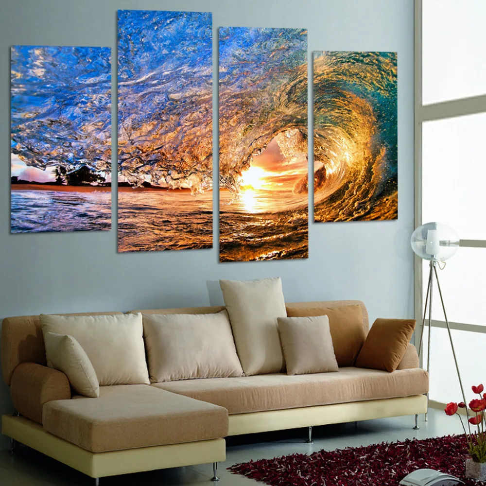 No Frame Canvas Only 4 Pieces Sunset On The Beach With Screw Ocean Wave Wall Painting Printed On Canvas Home Decor Free Shipping Beach Home Decor Olivia Decor Decor