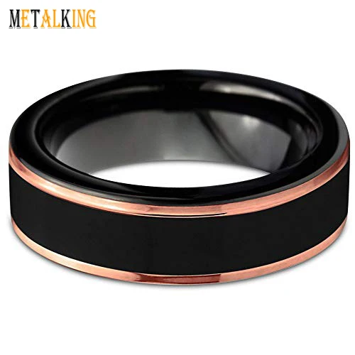 Mens and Womens Black and Rose Gold Stepp Edge Polished Tungsten Wedding Band Ring 6mm Comfort Fit