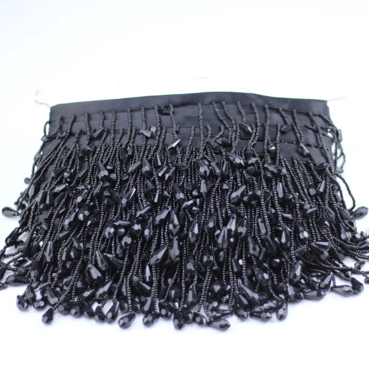 Оптовая продажа, красивые декоративные черные бусины с бахромой для женской одежды или штор