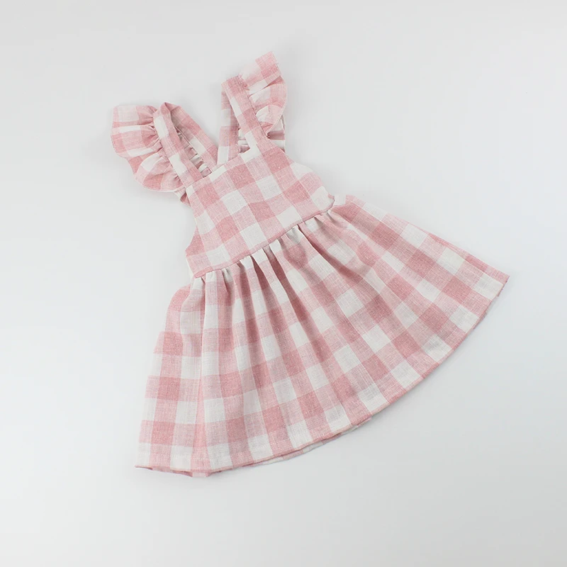 
Summer Backless Ruffle Pink Gingham Linen Pinafore Knee Length Baby Girls Party Dresses 