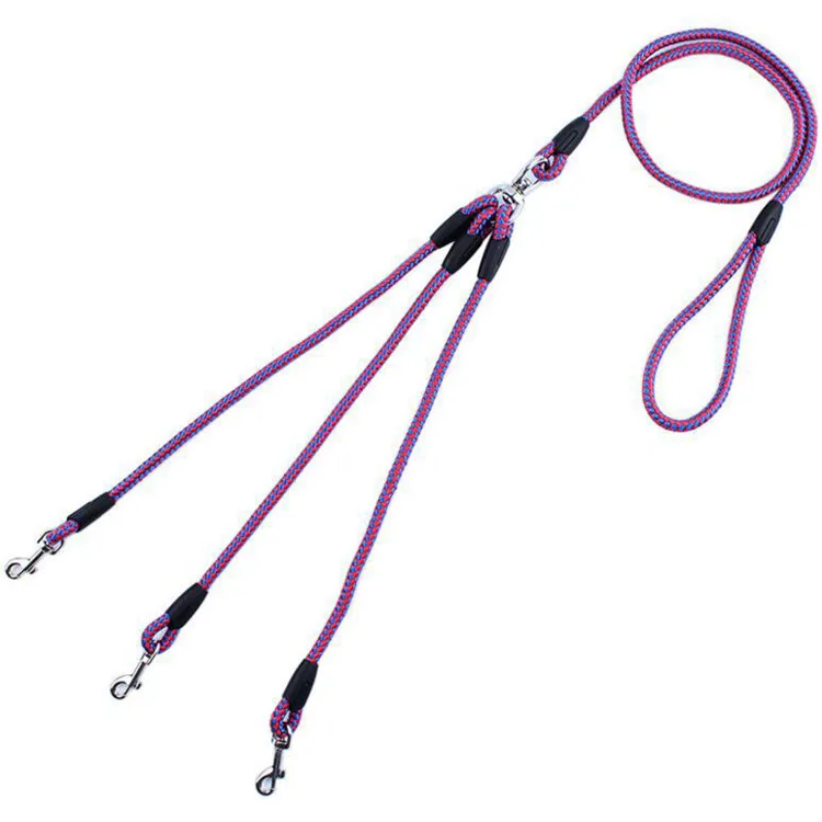 Wholesale Nylon Braided Three Way Hooks No Tangle Couplers Walking Lead Rope Dog Leash for 3 Dogs