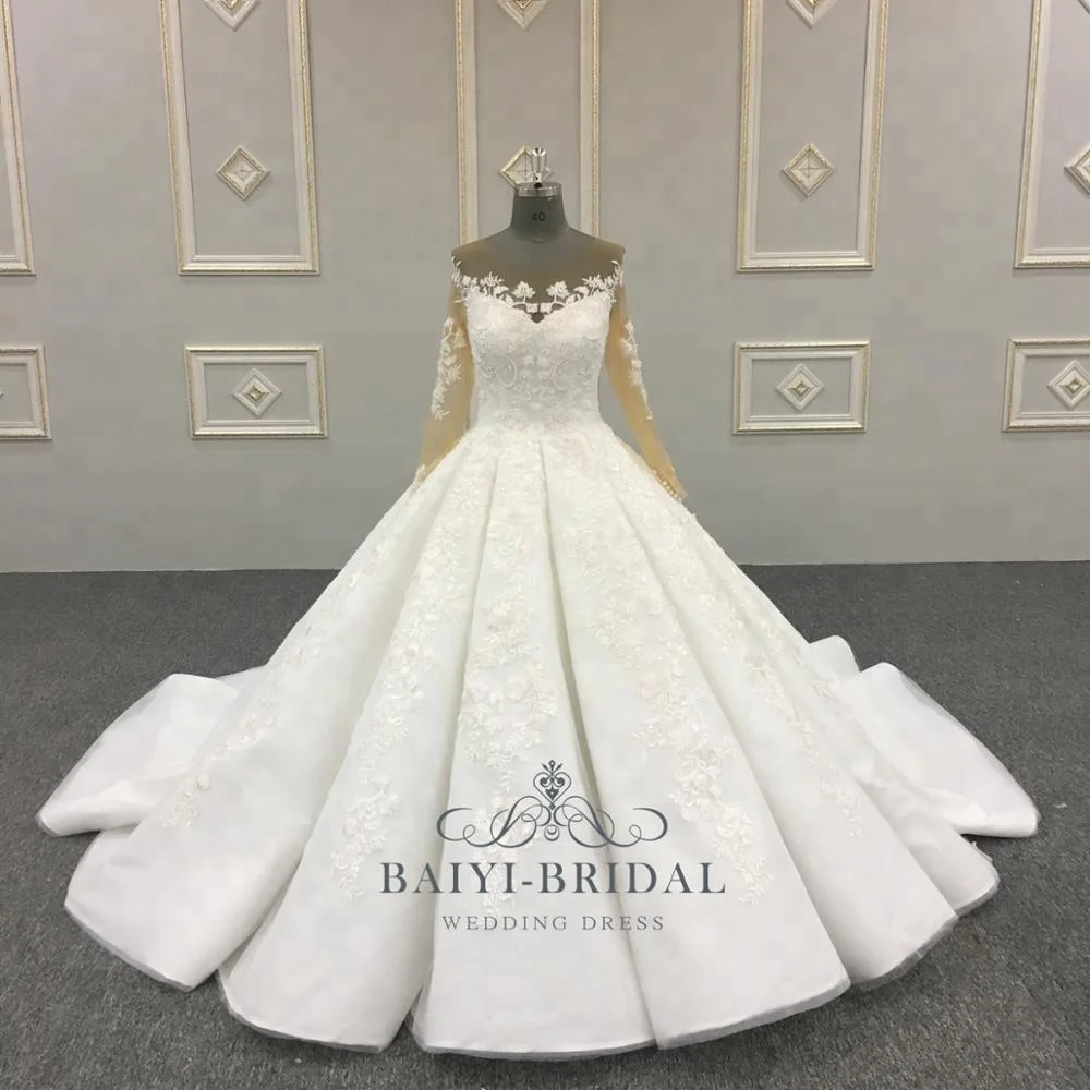 Ivory High Quality Appliqued Long Sleeves  Wedding Dress Ball Bridal Gown
