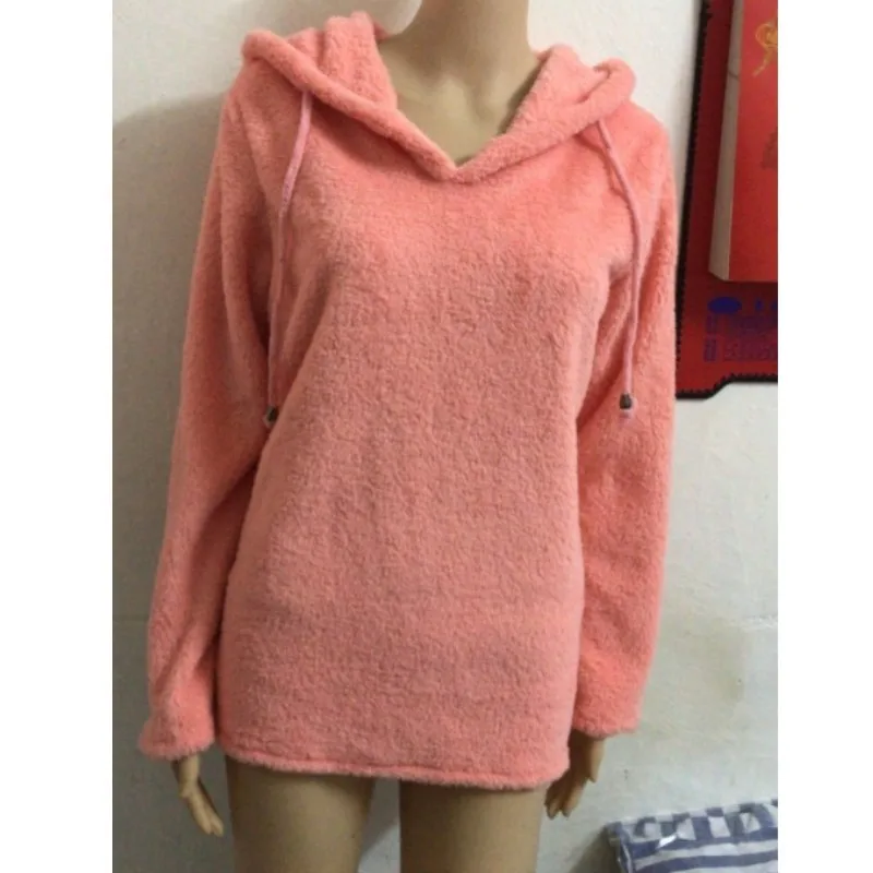 S-3XL Women Hoodies Sweatshirt Drawstring Hooded Pullover Big V-neck Tops Spring Autumn Loose Outerwear Velvet Jacket