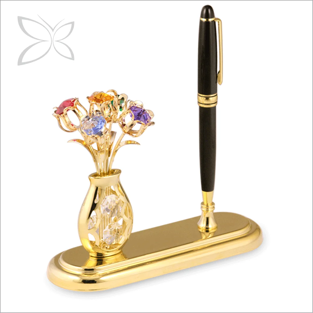 Customized Gold Plated Flower in Vase Figurine Decorated with Brilliant Cut Crystals Desktop Pen Holder