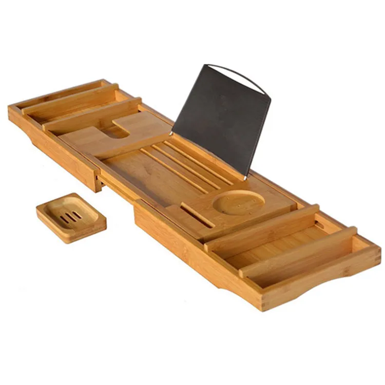 2020 Wholesale Eco-Friendly Large Long Slatted Tray Organizer Durable Expandable Bathtub Caddy Bamboo