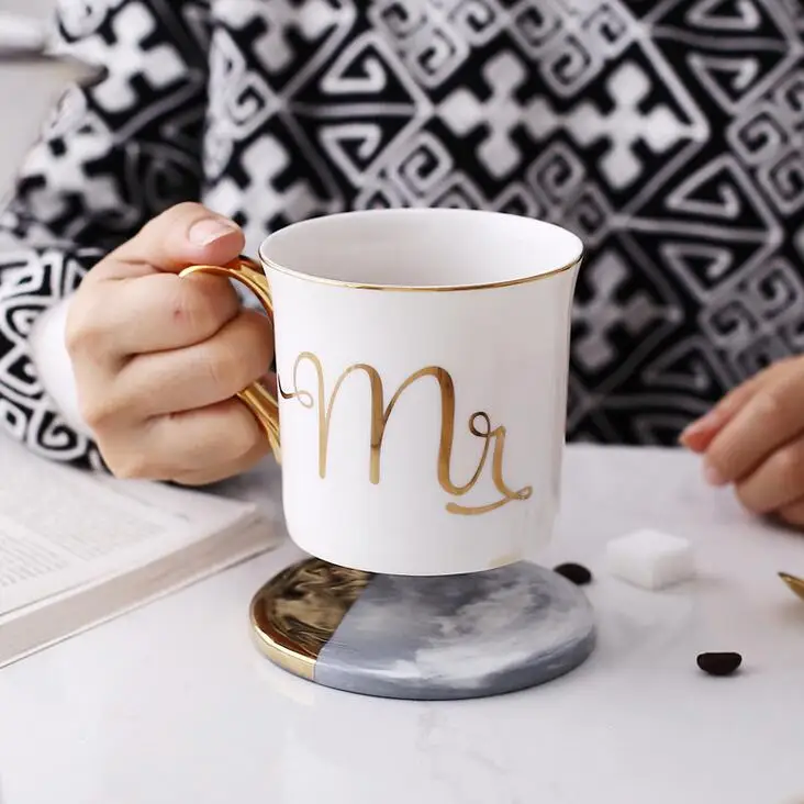 Milk Drinkware Creative Present Ceramic Cup and Mugs Couplr Gift Coffee Mugs with Golden Handle