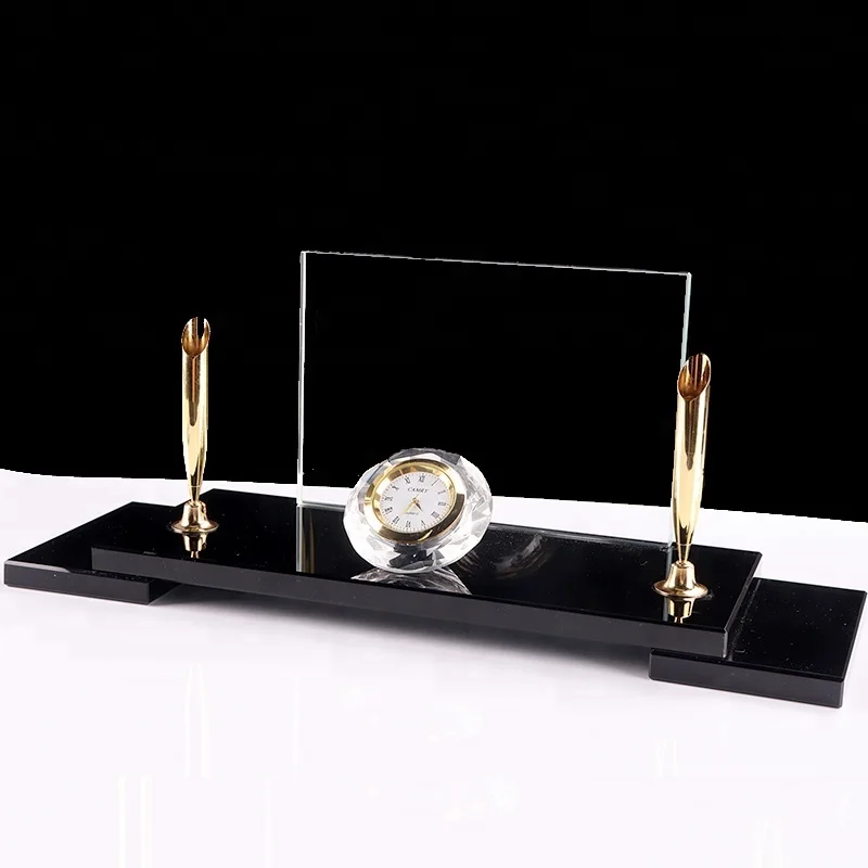 High quality Crystal pen stand / holder with clock for office desktop set crystal for office gifts