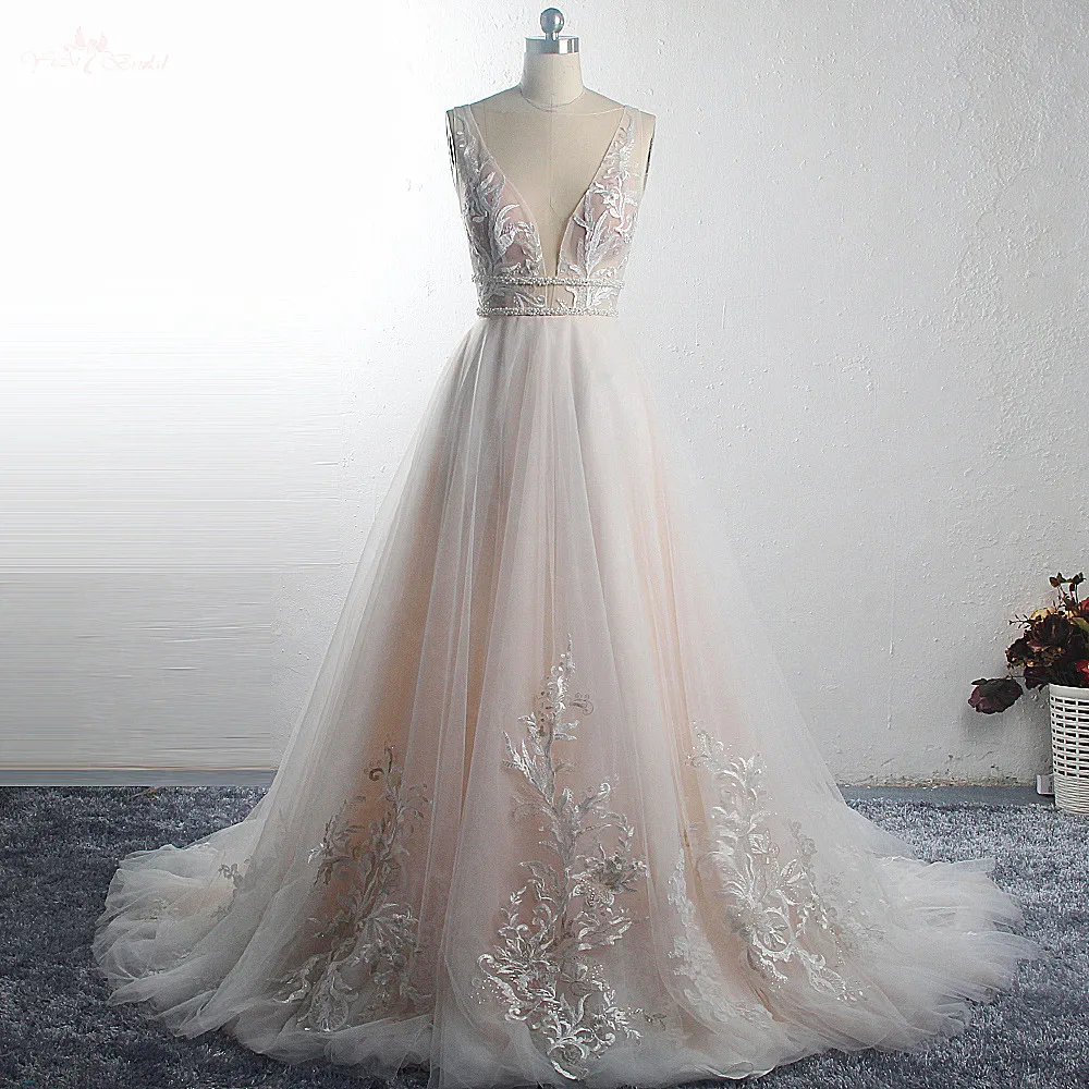 RSW1493 High quality Vestido De Noiva Sleeveless Deep V-neck Blush Pink Boho Lace Beach Wedding Dress Bridal Dress