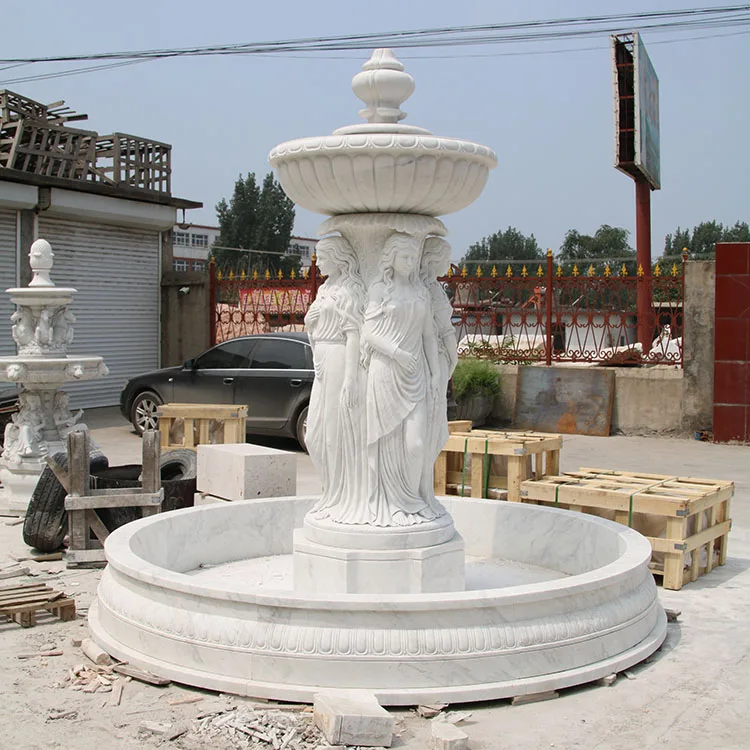 Stone crafts garden white marble water lady statue fountain with pond