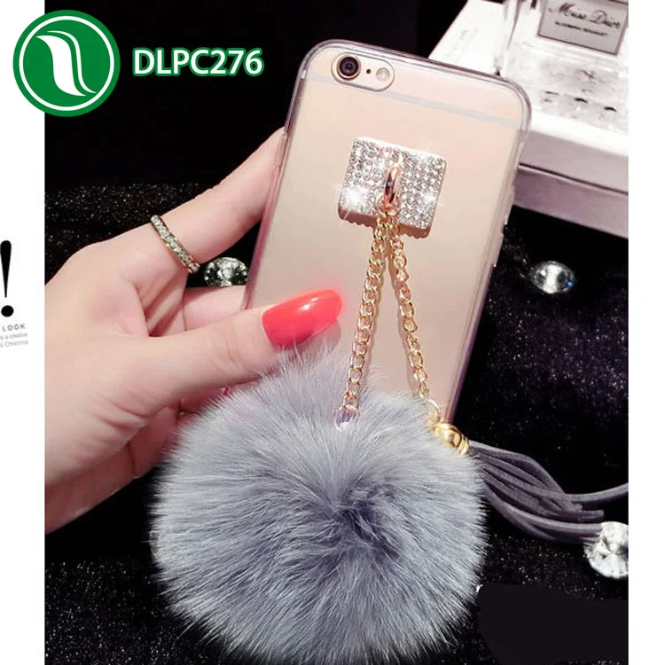 Luxury fox plush ball phone case Bling diamond Clear Soft TPU fur ball case for iPhone 6