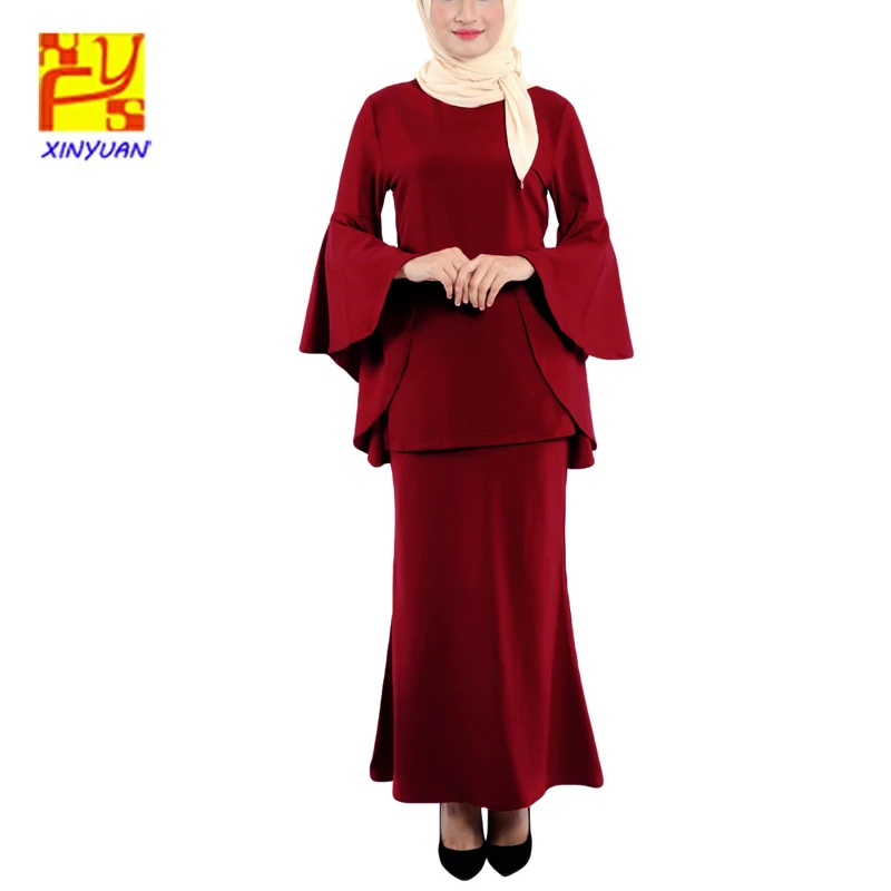
2020 EID Lady Baju Kurung Flared Sleeves Fashion Solid Color Malaysia Clothing 