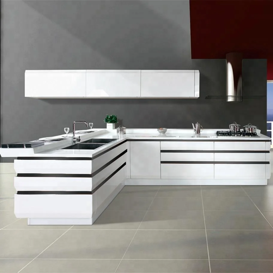 Italian Luxury Handless High Gloss HDF Lacquered Paint Cabinet Kitchen Miami
