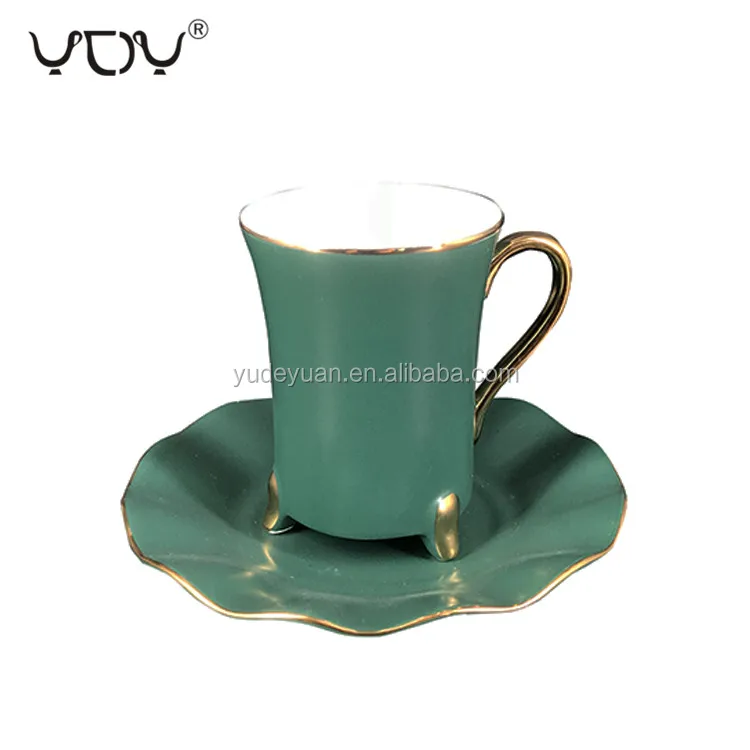 hot sale factory green high feet porcelain coffee saucers tea cup set