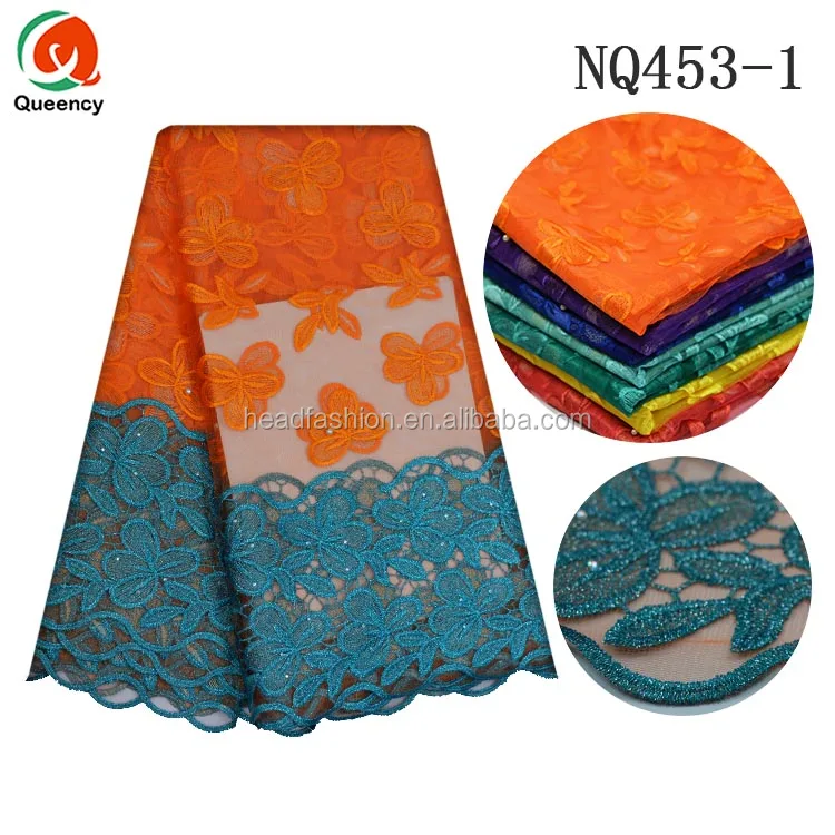NQ453 Queency Custom African Bridal Embellished French Lace Fabric Tulle Wholesale with Pearls Beads and Stones