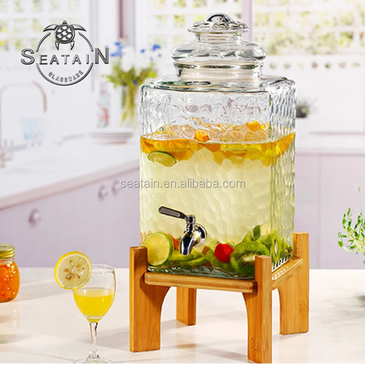 Квадратный диспенсер для напитков из прозрачного стекла объемом 10 л с бамбуковой подставкой