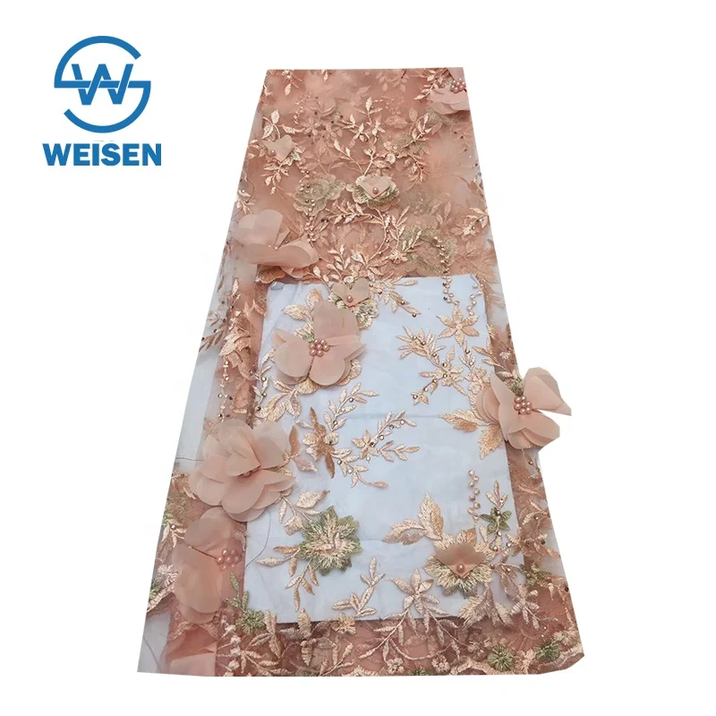 Rose Lace Dubai Wedding Fashion Beaded Embroidery Wholesale 3D Floral Fabric
