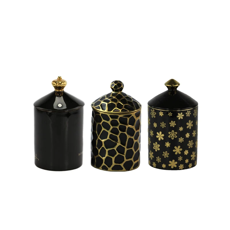 unique empty scented ceramic candle jars black candle holder with lid & gift box
