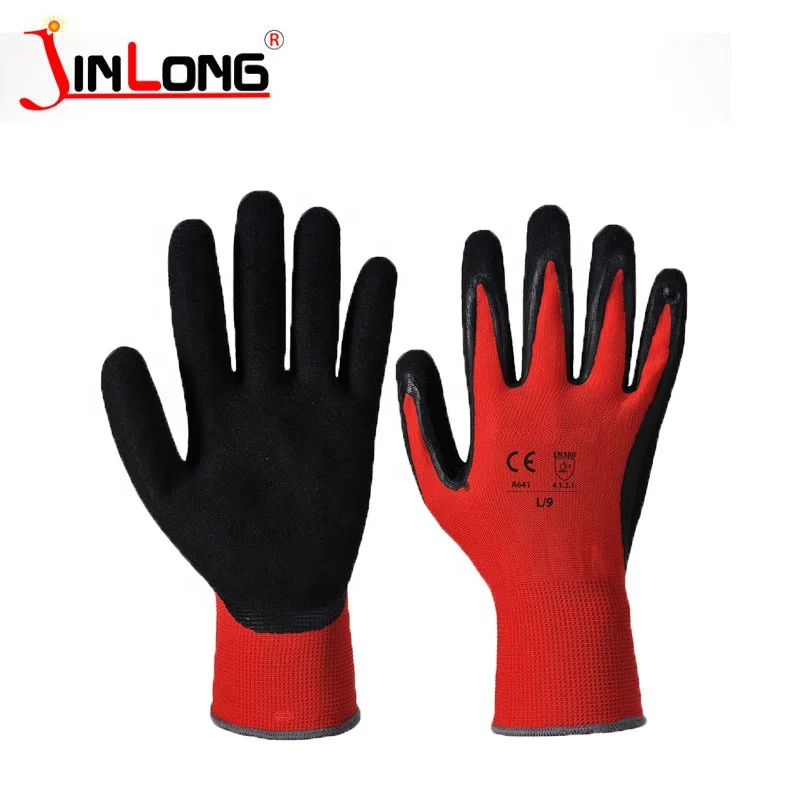 Heavy Duty Smooth Work Gloves Nitrile Coated Red Black Firm Grip Nitrile Coated Gloves