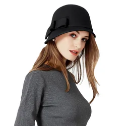 2019 Vintage Black Yellow Blue Bowler Wool Felt Cloche Hat With Bowknot Wide Brim Fedoras Ladies Floppy Derby Hats Cap Wholesale