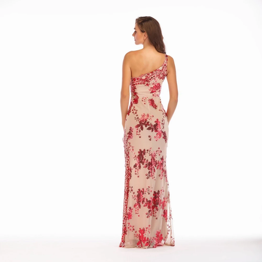 2023 Women Clothing One-Shoulder Sexy Long Dress Waist Sequins Split Skirt Side Evening Dress