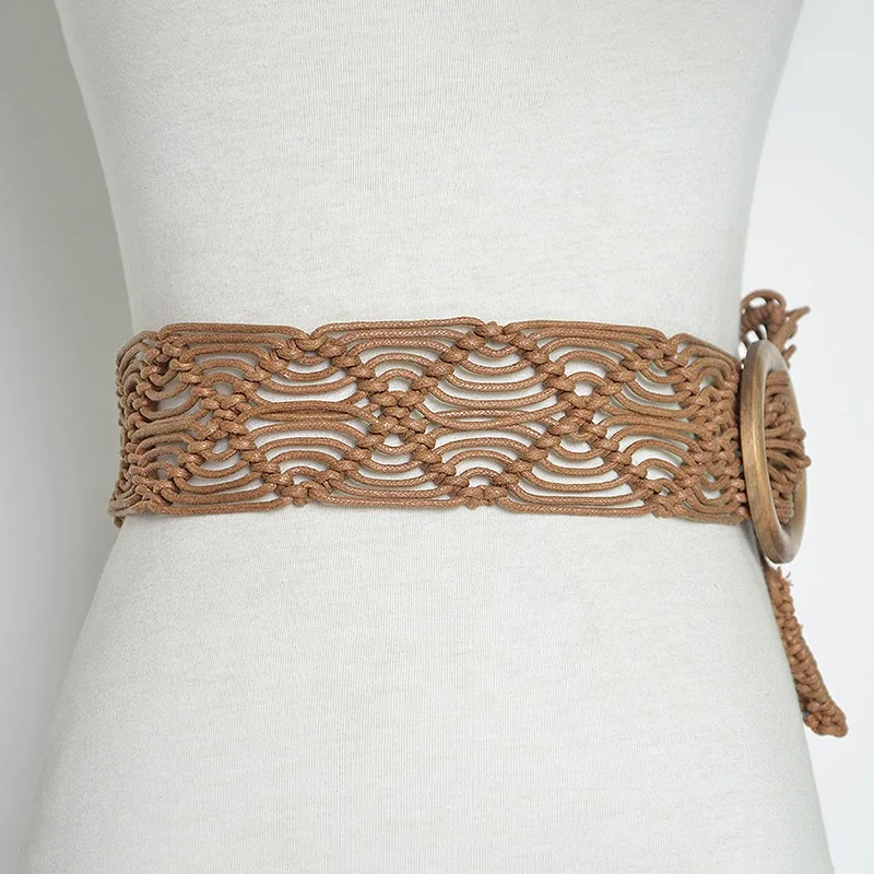 Ethnic Style Waist Chain Vintage Handmade Wax Rope Woven Wooden Buckle Belt