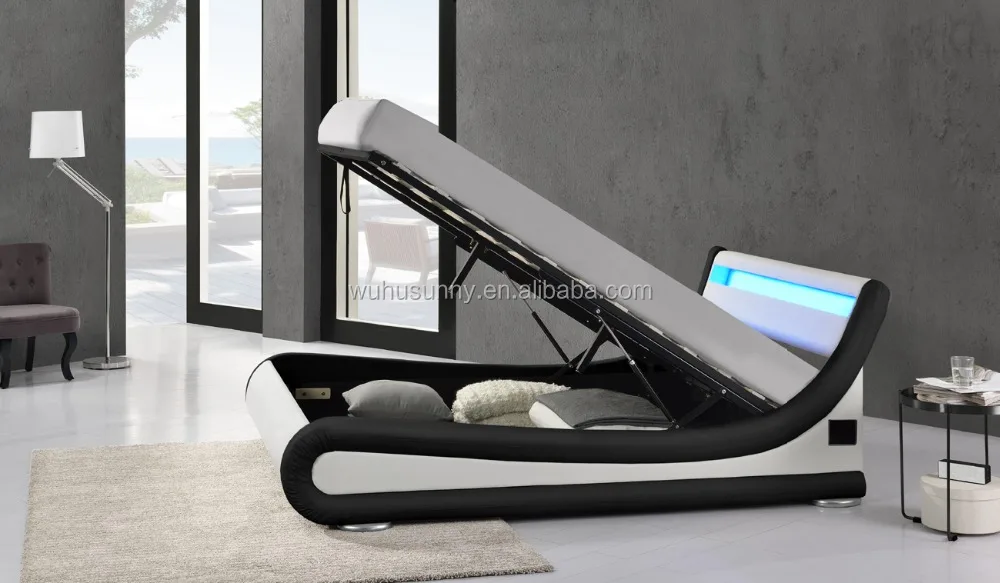 Modern LED Music Bed Curved Shape Upholstered PU Leather Bluetooth Wooden Frame Lighted Headboard Bed Latest Style Plywood Bed