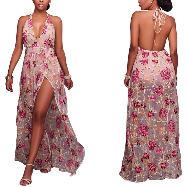 B22312A Europe women Fashion sexy transparent gauze halter neck sexy embroidery dress