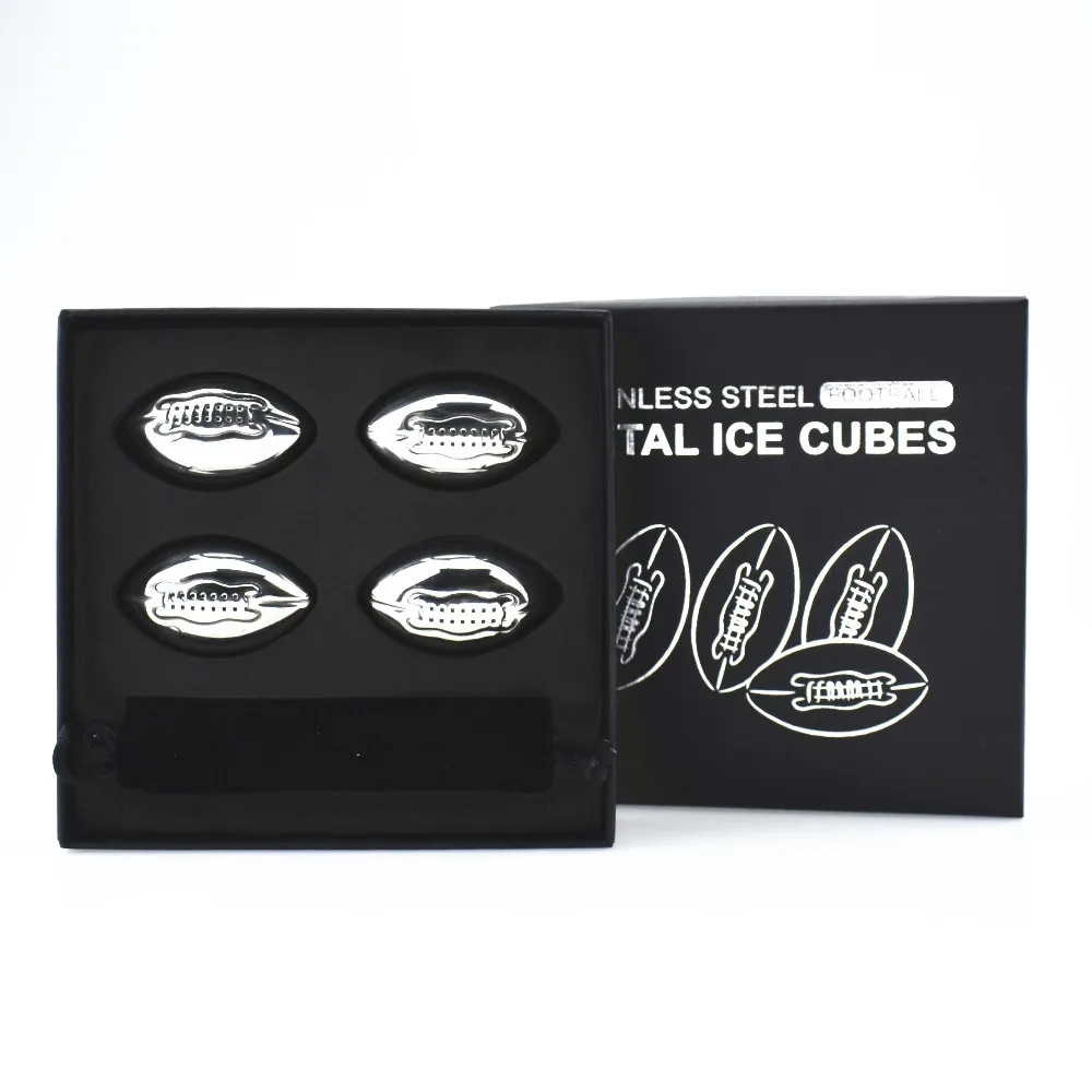 Rugby Shaped Stainless Steel Ice Cubes Ice Rocks 4pcs Silver Bar Accessories Metal Customer Logo Cooling Accessories Football