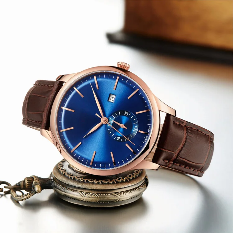Shine Blue Sunray Face Real 3D Index Brown Leather Strap Date Window Show With Second Subdial Sport Stainless Steel Watch Men