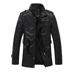 Winter Stand Collar Fleece PU Leather Jacket for Men in Stock