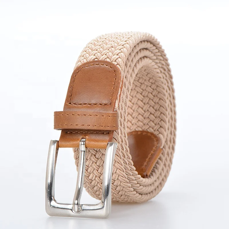 Fabric Pu Leather Tag Burgundy Color Elastic Braided Stretch Belts For Jeans Mens